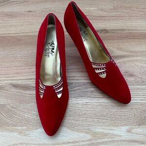 Vintage The PM Collection by 925 ~ Red Velvet Dress Pumps Jeweled ~ Size 9.5